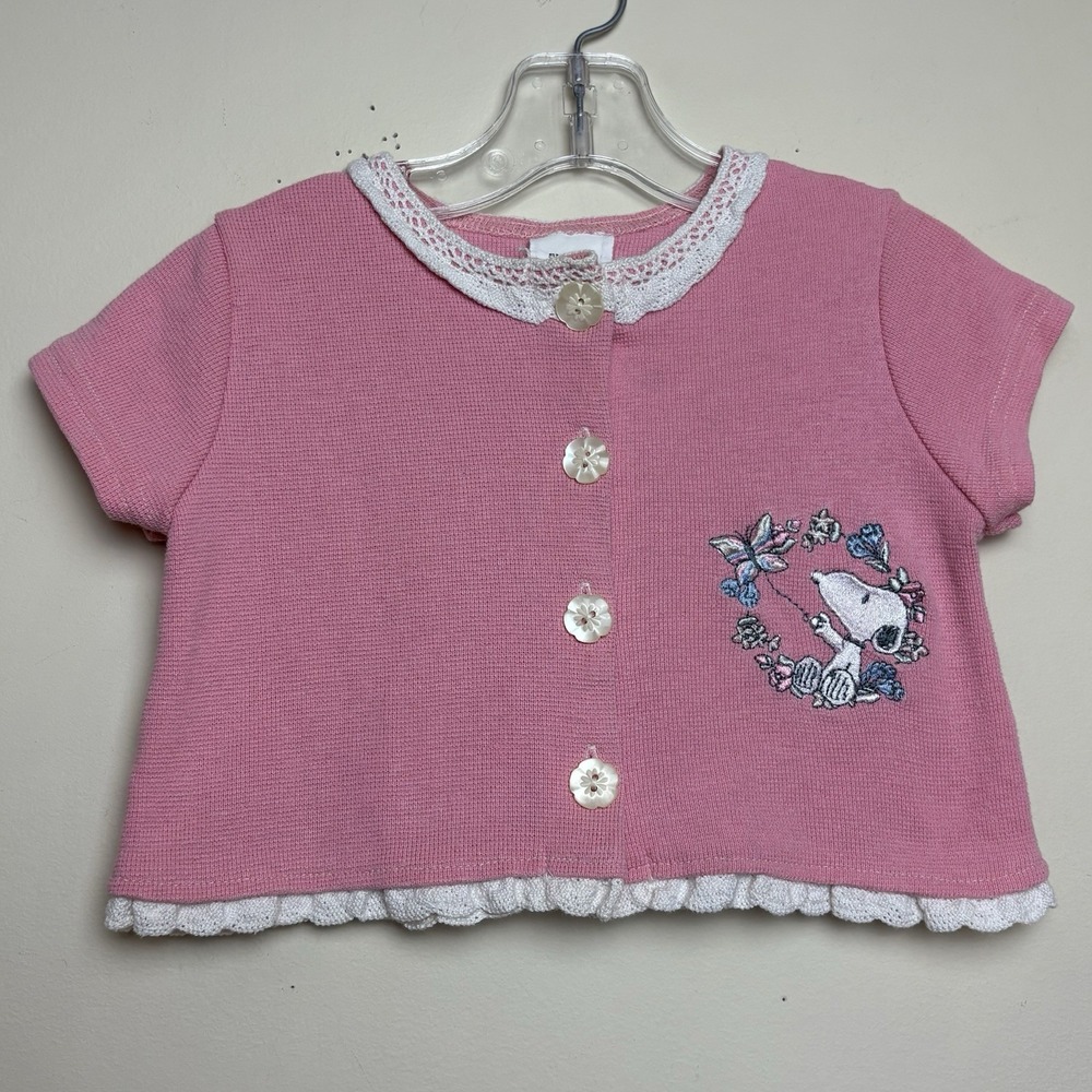 Snoopy Peanuts Vintage Pink Lace Embroidered  Short Sleeve Cardigan Top 2T